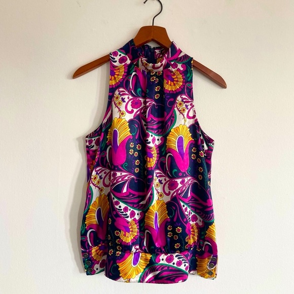 Vintage Floral and Paisley Print Sleeveless Mock Neck Silky Satin Blouse Medium - Picture 9 of 9